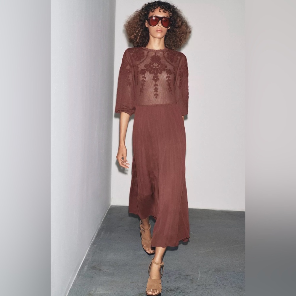 Zara Rust Brown Embroidered Midi Dress